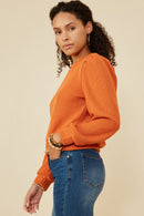 HY7527W Rust Plus Ribbed Knit Banded Detail Mock Neck Top Full Body