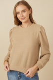 HY7527W Taupe Plus Ribbed Knit Banded Detail Mock Neck Top Front