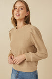 HY7527 Taupe Womens Ribbed Knit Banded Detail Mock Neck Top Back