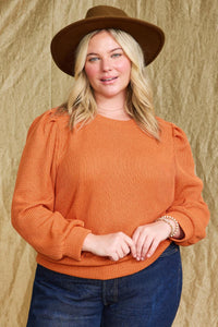 HY7527 Rust Womens Ribbed Knit Banded Detail Mock Neck Top Pose