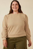 HY7527 Taupe Womens Ribbed Knit Banded Detail Mock Neck Top Front