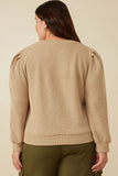 HY7527W Taupe Plus Ribbed Knit Banded Detail Mock Neck Top Full Body