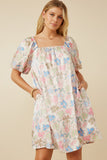 HY7532W Ivory Plus Floral Puff Sleeve Foiled Dress Front
