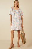 HY7532 Ivory Mix Womens Floral Puff Sleeve Foiled Dress Gif