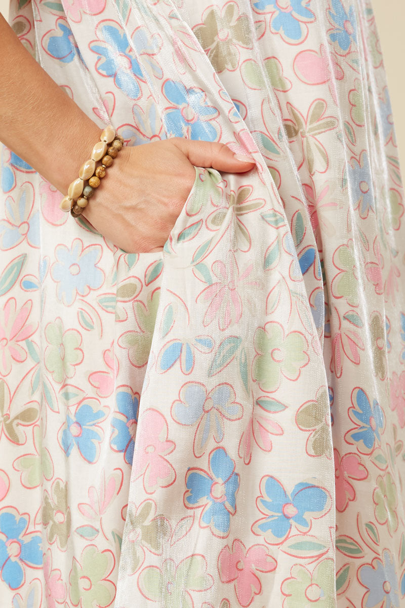 HY7532 Ivory Mix Womens Floral Puff Sleeve Foiled Dress Full Body