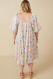 HY7532W Ivory Plus Floral Puff Sleeve Foiled Dress Full Body