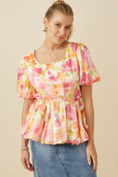 HY7533 Pink Mix Womens Satin Soft Floral Bubble Hem Foiled Peplum Top Front