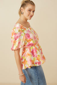 HY7533 Pink Mix Womens Satin Soft Floral Bubble Hem Foiled Peplum Top Front 2