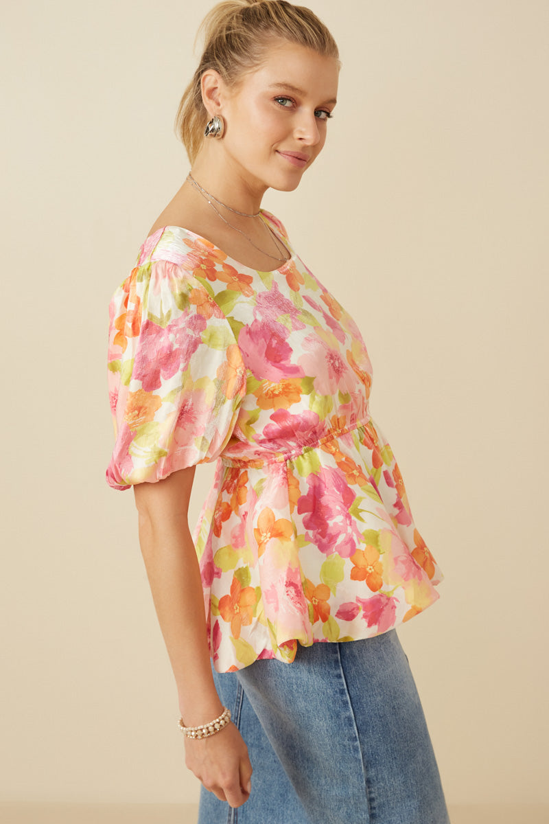 HY7533 Pink Mix Womens Satin Soft Floral Bubble Hem Foiled Peplum Top Front 2