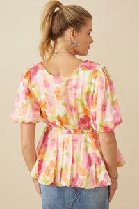 HY7533 Pink Mix Womens Satin Soft Floral Bubble Hem Foiled Peplum Top Side