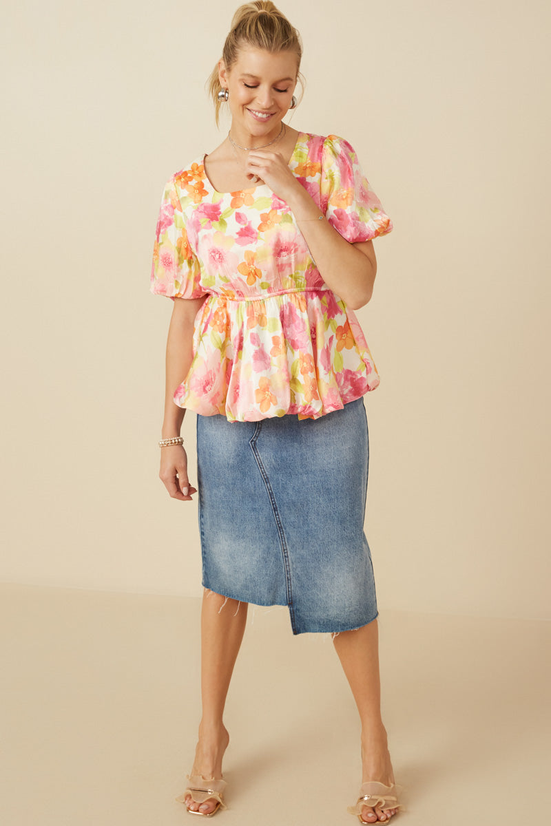 HY7533 Pink Mix Womens Satin Soft Floral Bubble Hem Foiled Peplum Top Back