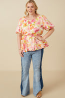 HY7533 Pink Mix Womens Satin Soft Floral Bubble Hem Foiled Peplum Top Full Body