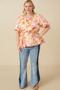 HY7533 Pink Mix Womens Satin Soft Floral Bubble Hem Foiled Peplum Top Full Body