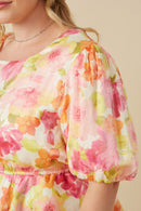 HY7533W Pink Mix Plus Satin Soft Floral Bubble Hem Foiled Peplum Top Gif