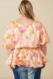 HY7533W Pink Mix Plus Satin Soft Floral Bubble Hem Foiled Peplum Top Full Body