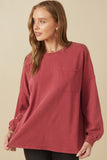 HY7536W Magenta Plus Drop Shoulder Washed Long Sleeve Knit T Shirt Front