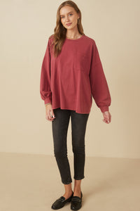 HY7536 Magenta Womens Drop Shoulder Washed Long Sleeve Knit T Shirt Gif
