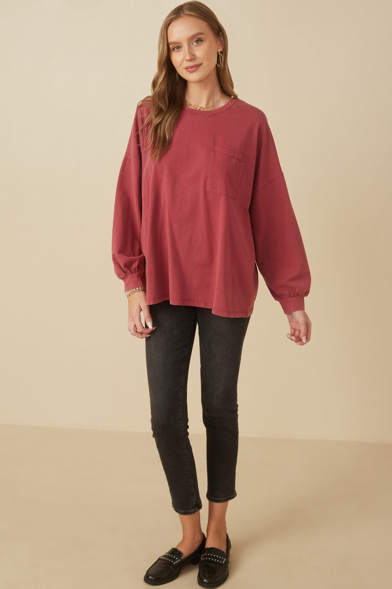 HY7536 Magenta Womens Drop Shoulder Washed Long Sleeve Knit T Shirt Gif