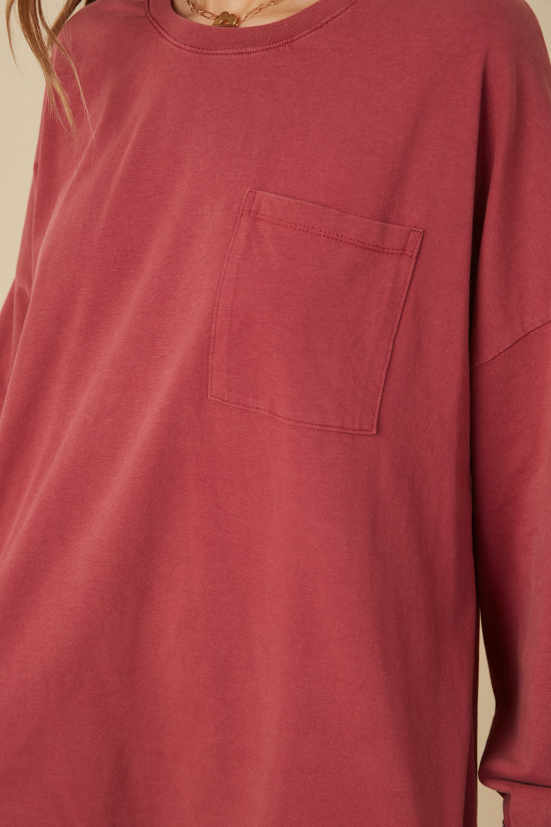 HY7536 Magenta Womens Drop Shoulder Washed Long Sleeve Knit T Shirt Full Body