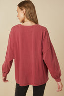 HY7536 Magenta Womens Drop Shoulder Washed Long Sleeve Knit T Shirt Detail