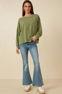 HY7536 Olive Womens Drop Shoulder Washed Long Sleeve Knit T Shirt Front
