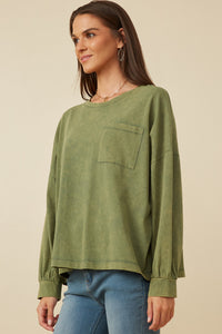 HY7536W Olive Plus Drop Shoulder Washed Long Sleeve Knit T Shirt Front