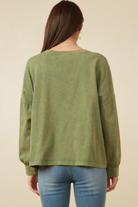 HY7536 Olive Womens Drop Shoulder Washed Long Sleeve Knit T Shirt Gif