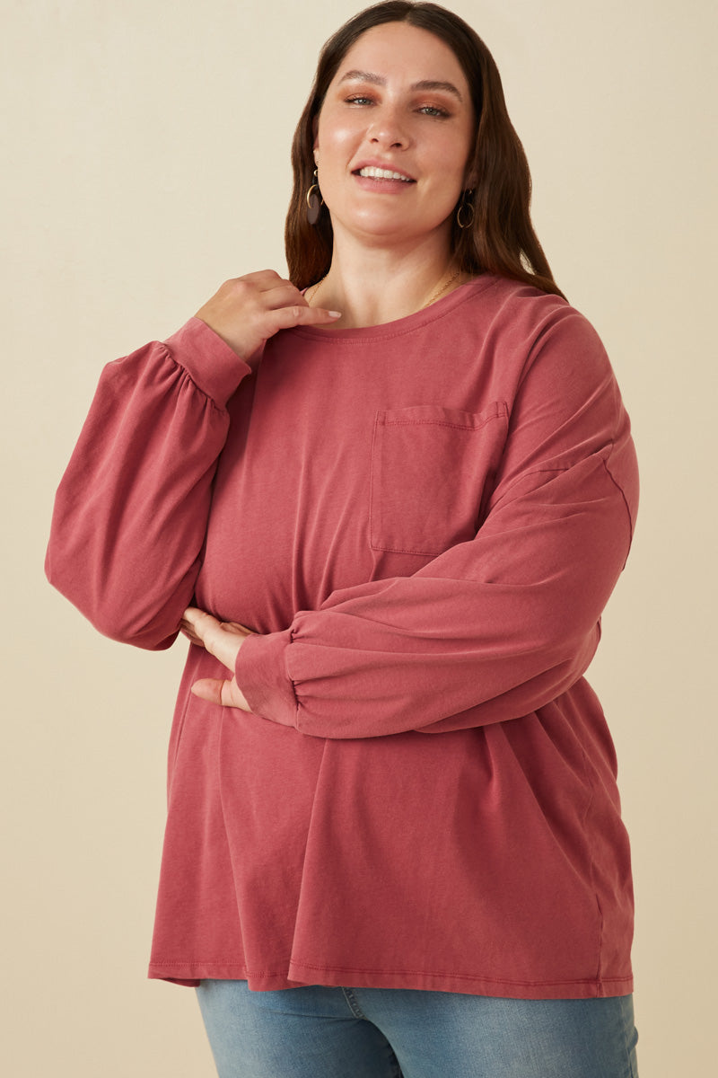 Womens Drop Shoulder Washed Long Sleeve Knit T Shirt