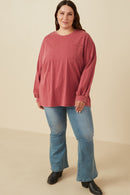 HY7536 Magenta Womens Drop Shoulder Washed Long Sleeve Knit T Shirt Back