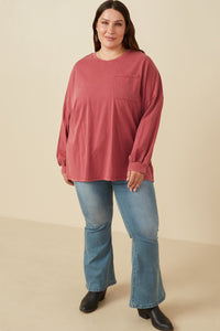 HY7536 Magenta Womens Drop Shoulder Washed Long Sleeve Knit T Shirt Back