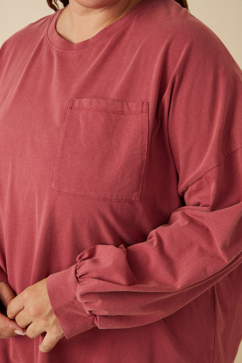 HY7536 Magenta Womens Drop Shoulder Washed Long Sleeve Knit T Shirt Side