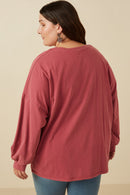HY7536 Magenta Womens Drop Shoulder Washed Long Sleeve Knit T Shirt Back 2