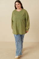 HY7536 Olive Womens Drop Shoulder Washed Long Sleeve Knit T Shirt Full Body