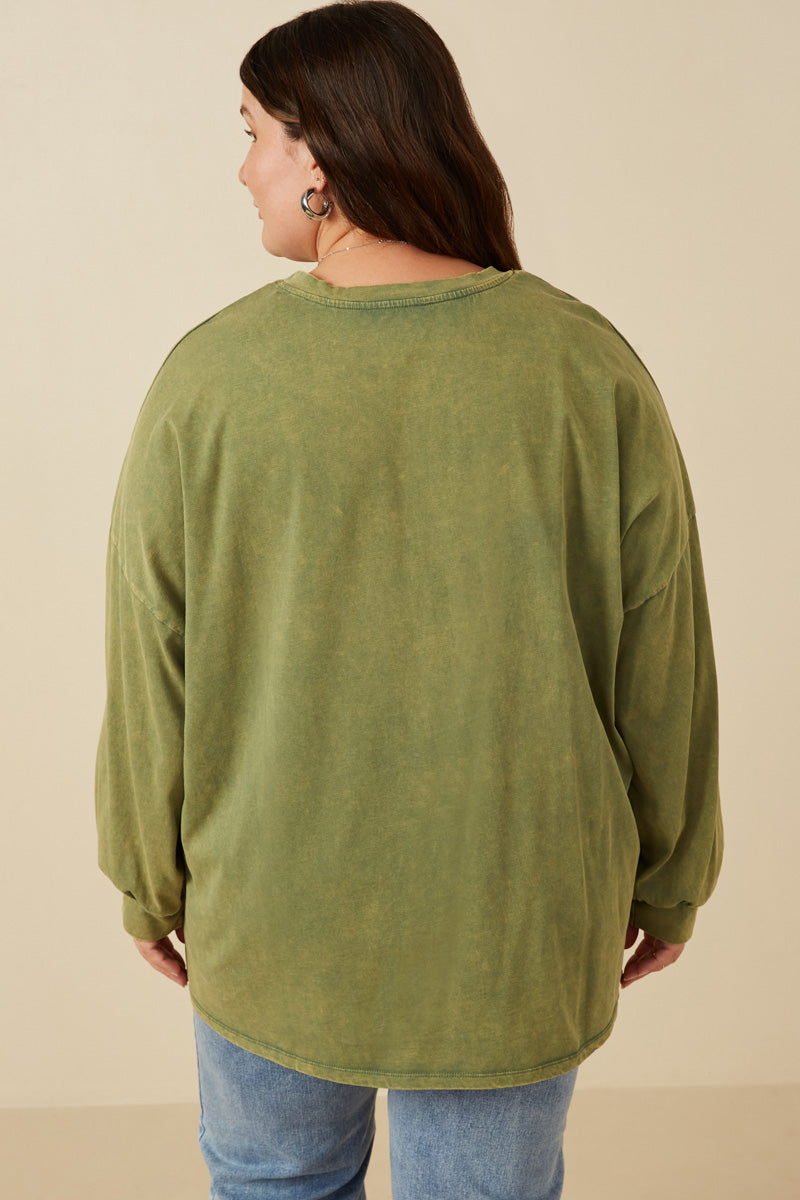 HY7536W Olive Plus Drop Shoulder Washed Long Sleeve Knit T Shirt Full Body