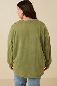 HY7536W Olive Plus Drop Shoulder Washed Long Sleeve Knit T Shirt Full Body
