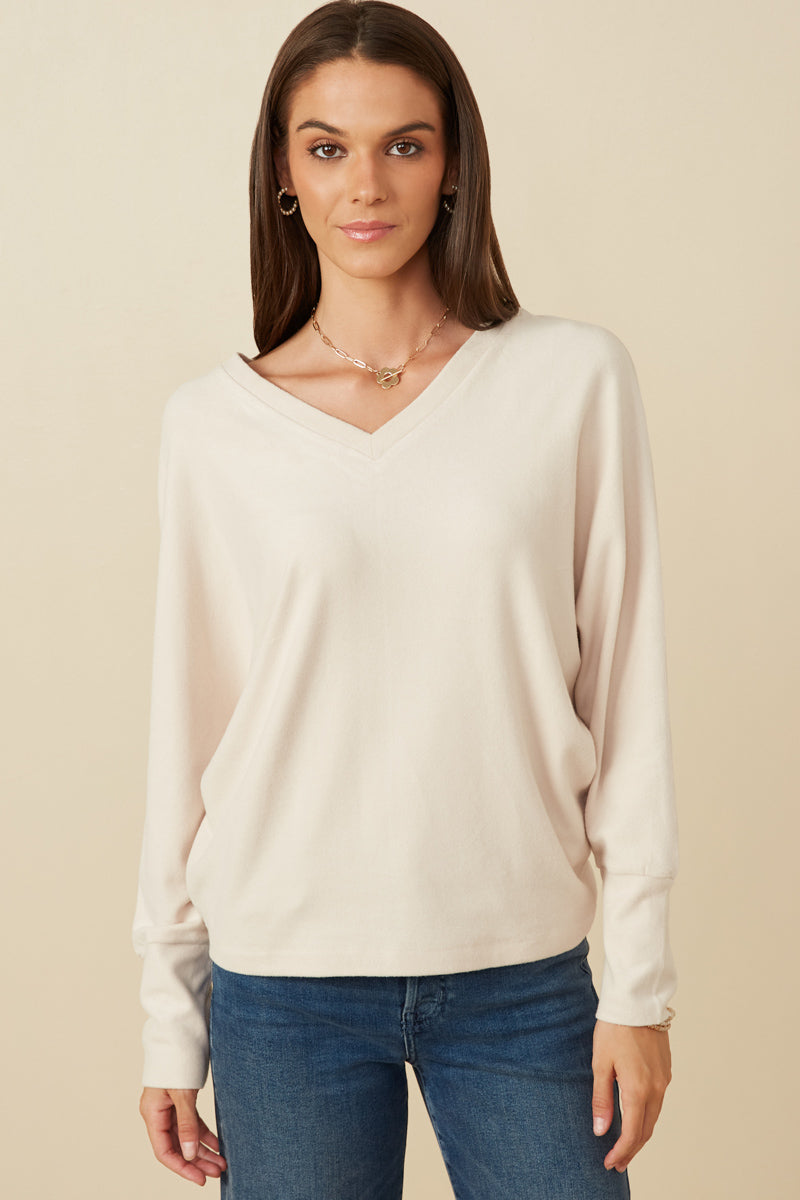 Brushed Button Detail V Neck Cuffed Dolman Knit Top