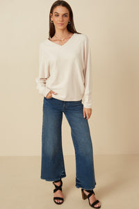 HY7538 Beige Womens Brushed Button Detail V Neck Cuffed Dolman Knit Top Gif