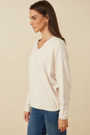 HY7538 Beige Womens Brushed Button Detail V Neck Cuffed Dolman Knit Top Full Body