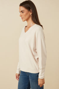 HY7538 Beige Womens Brushed Button Detail V Neck Cuffed Dolman Knit Top Full Body