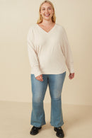 HY7538 Beige Womens Brushed Button Detail V Neck Cuffed Dolman Knit Top Back