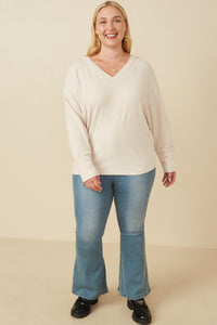 HY7538 Beige Womens Brushed Button Detail V Neck Cuffed Dolman Knit Top Back