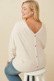 HY7538W Beige Plus Brushed Button Detail V Neck Cuffed Dolman Knit Top Full Body