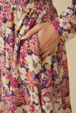 HY7540 Rust Womens Floral Print Button Up V Neck Smock Detail Dress Front 2