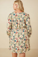 HY7540W Sand Plus Floral Print Button Up V Neck Smock Detail Dress Full Body