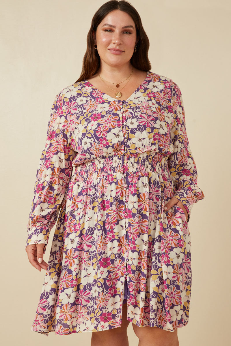 Womens Floral Print Button Up V Neck Smock Detail Dress