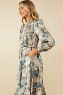 HY7544 Beige Womens Botanical Print Smocked Bodice Satin Dress Side