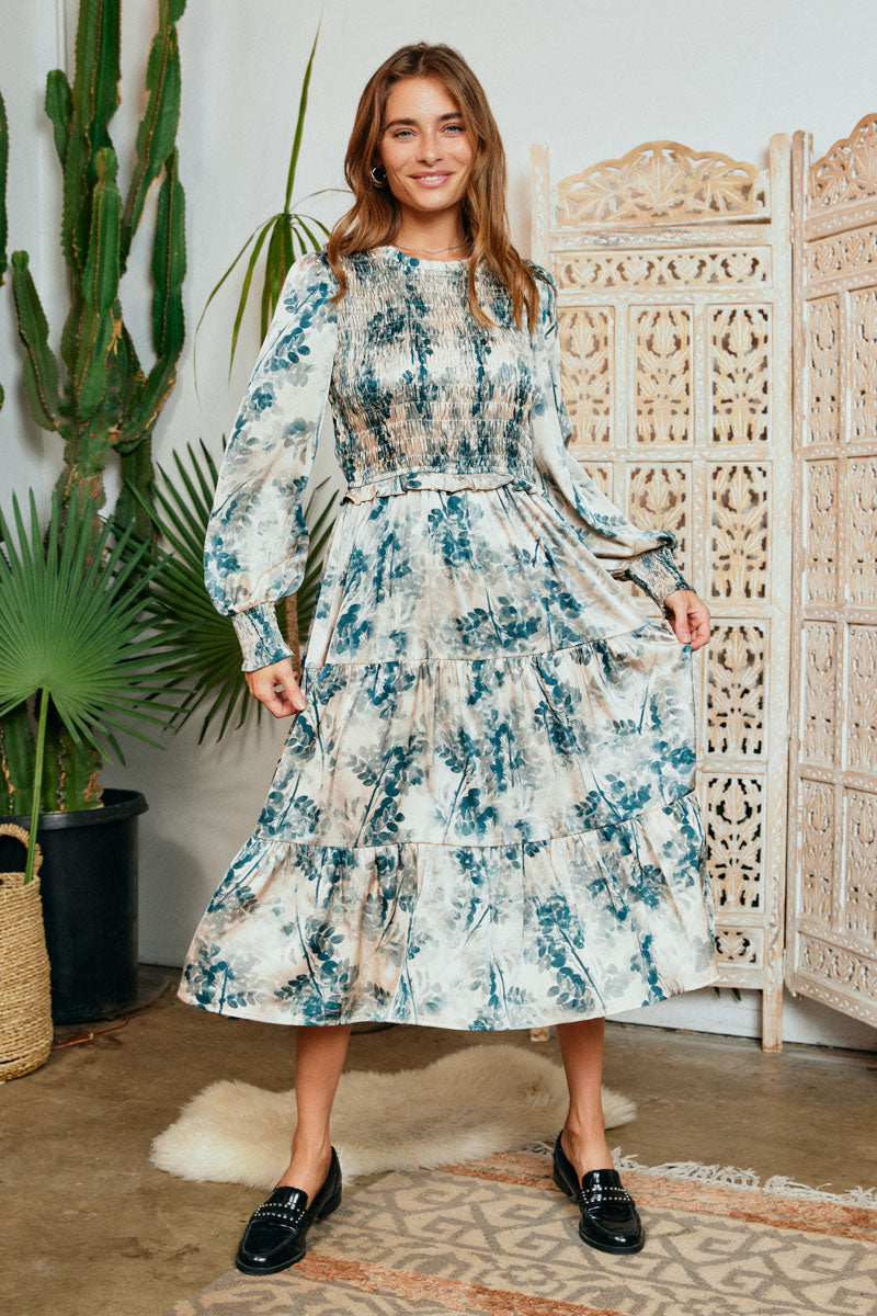 Womens Botanical Print Satin Dress