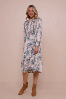 HY7544 Beige Womens Botanical Print Smocked Bodice Satin Dress Gif