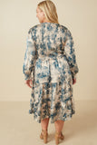 HY7544W Beige Plus Botanical Print Smocked Bodice Satin Dress Back