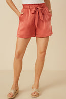 HY7555 Rust Womens Textured Satin Belted Short Front
